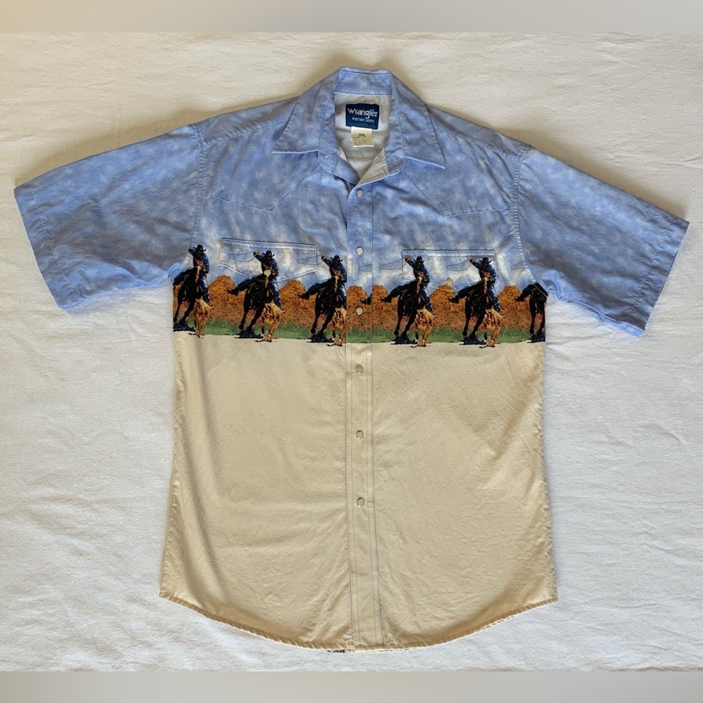 Wrangler Pearl Snap Short Sleeve Cotton Shirt Cowboy Rodeo Western Calf Roping M